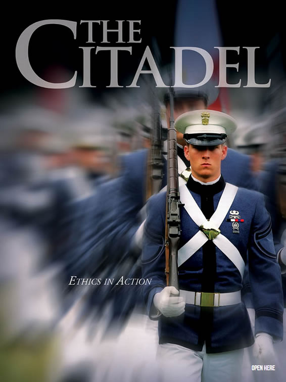 Citadel cadet marching in front of formation of classmates