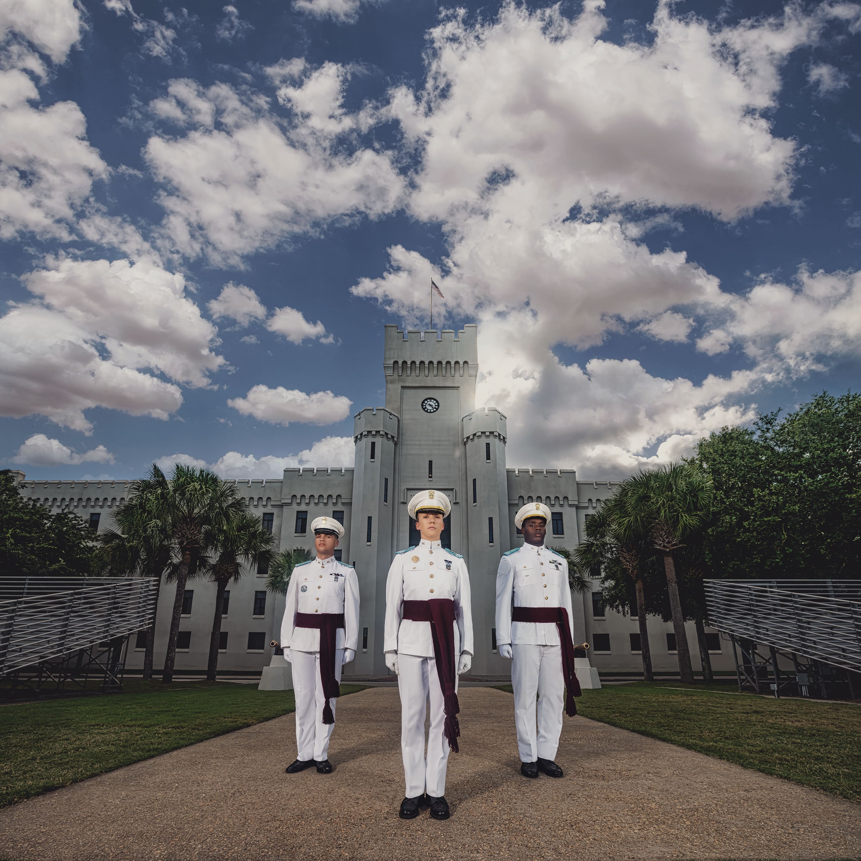 Three citadel cadets outside of PT Barracks
